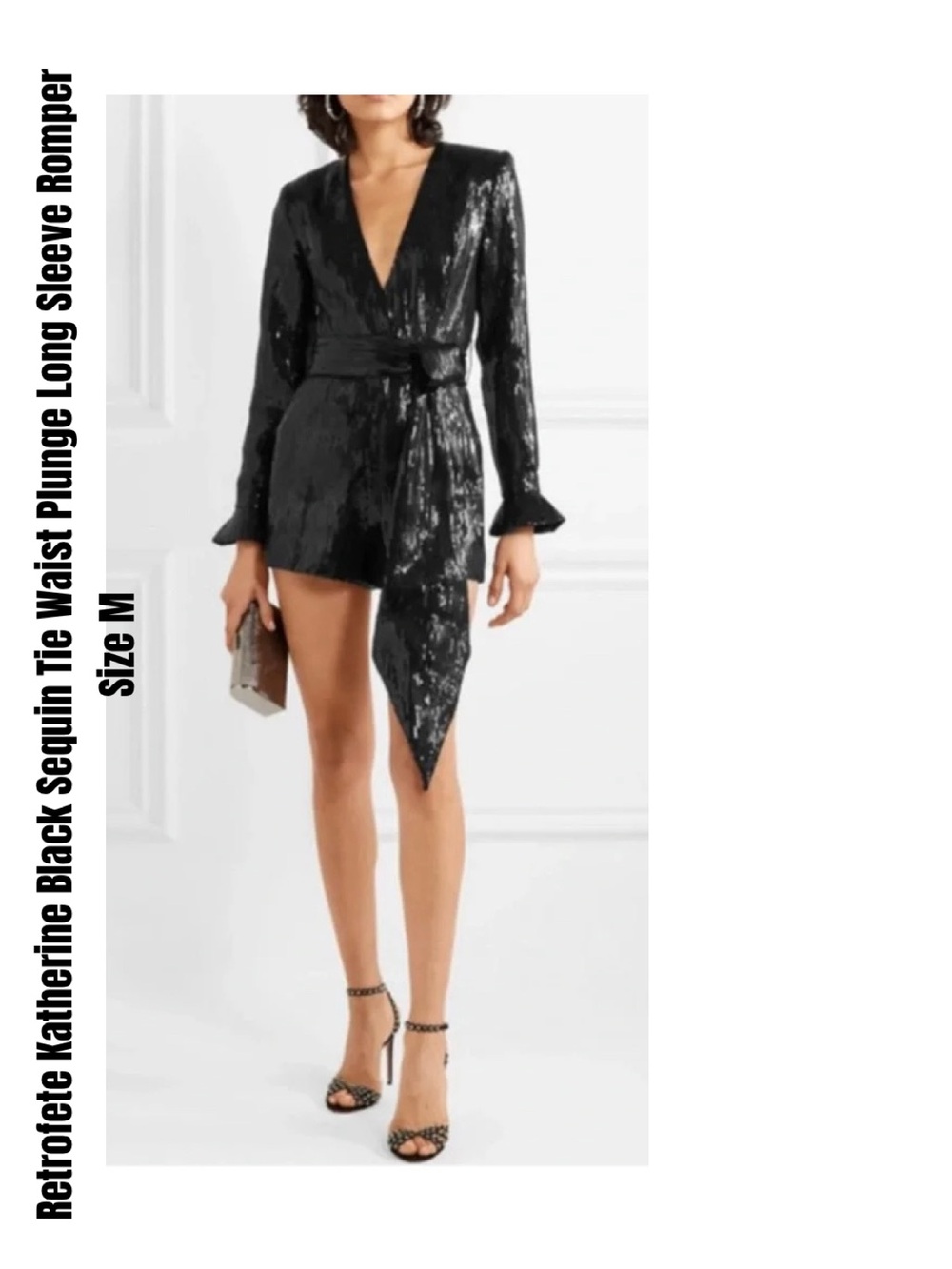 Retrofete Katherine Black Sequin Tie Waist Plunge Long Sleeve Romper Size M